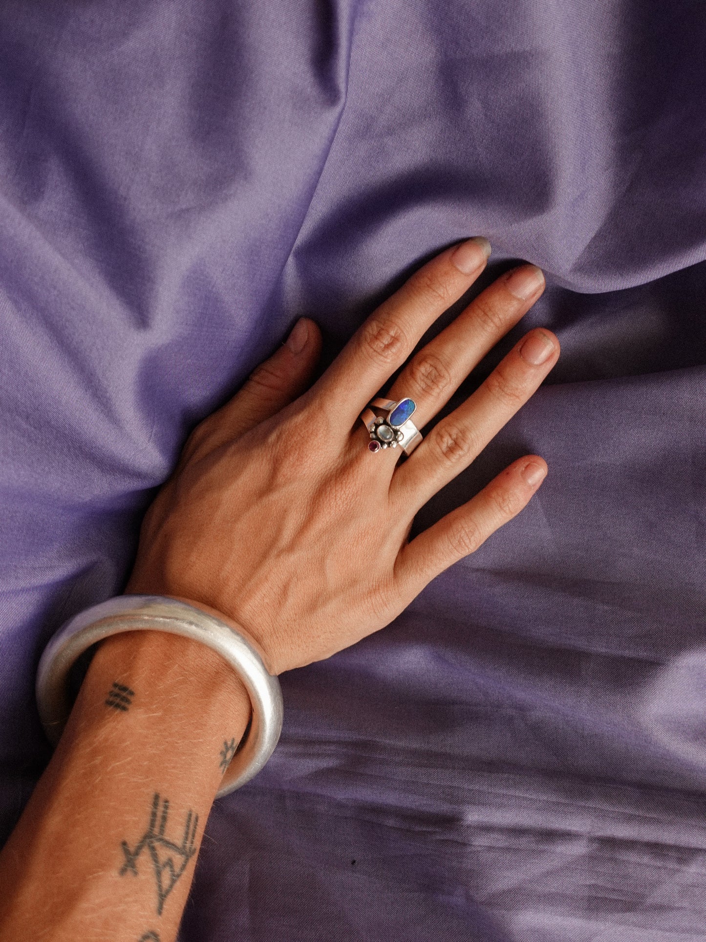 N78-  Australian Opal, Rainbow Moonstone, faceted Turmaline  Silver 925 Adjustable Ring