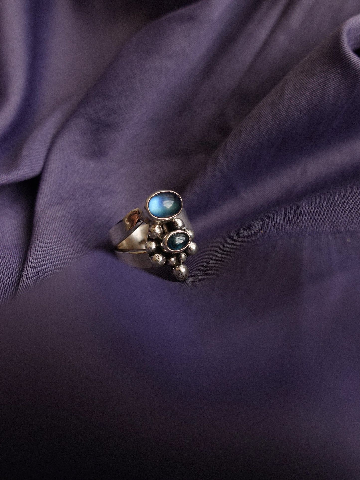 N71-  Moonstone & tormalina  Silver 925 Adjustable Ring