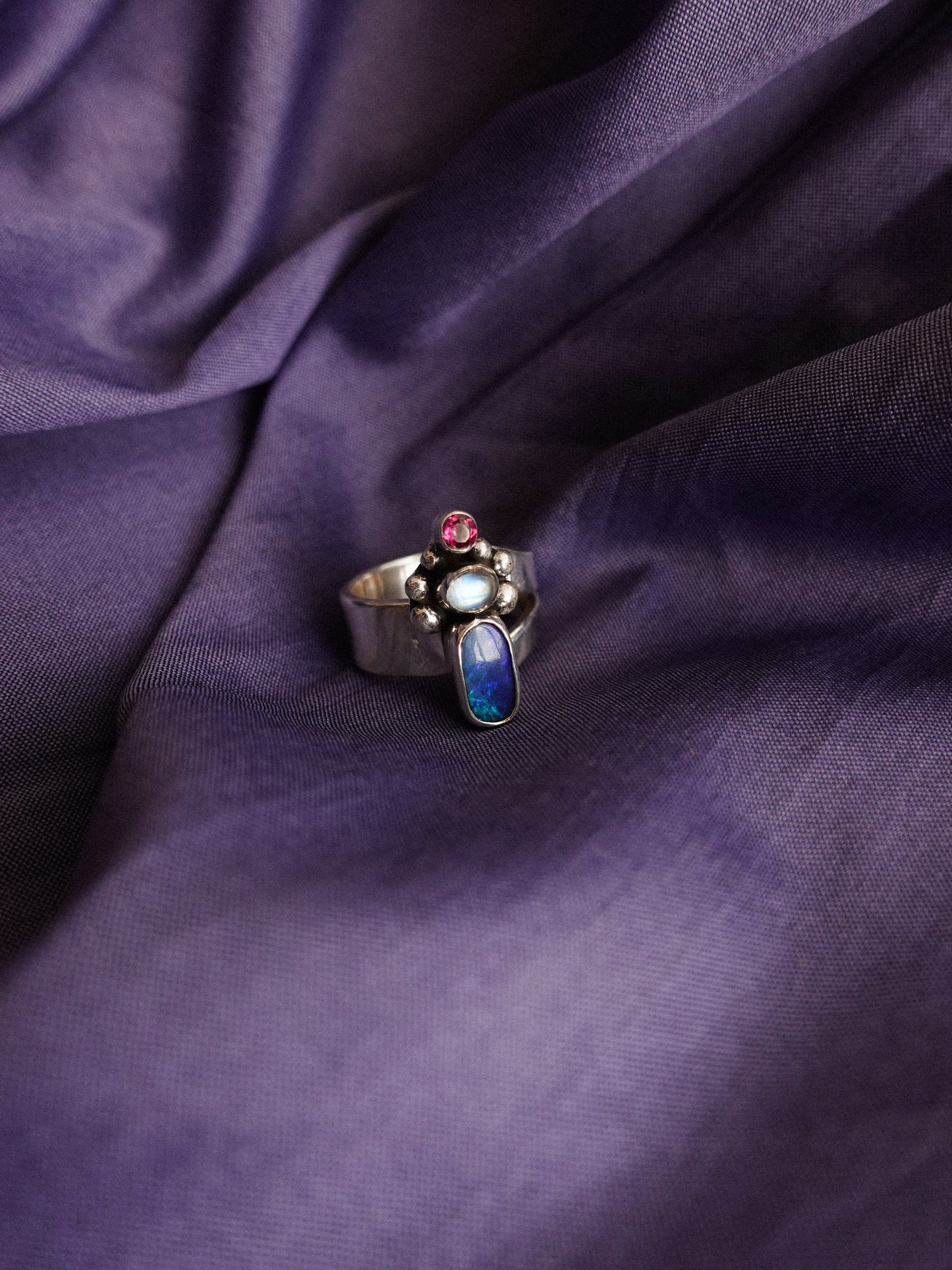 N78-  Australian Opal, Rainbow Moonstone, faceted Turmaline  Silver 925 Adjustable Ring