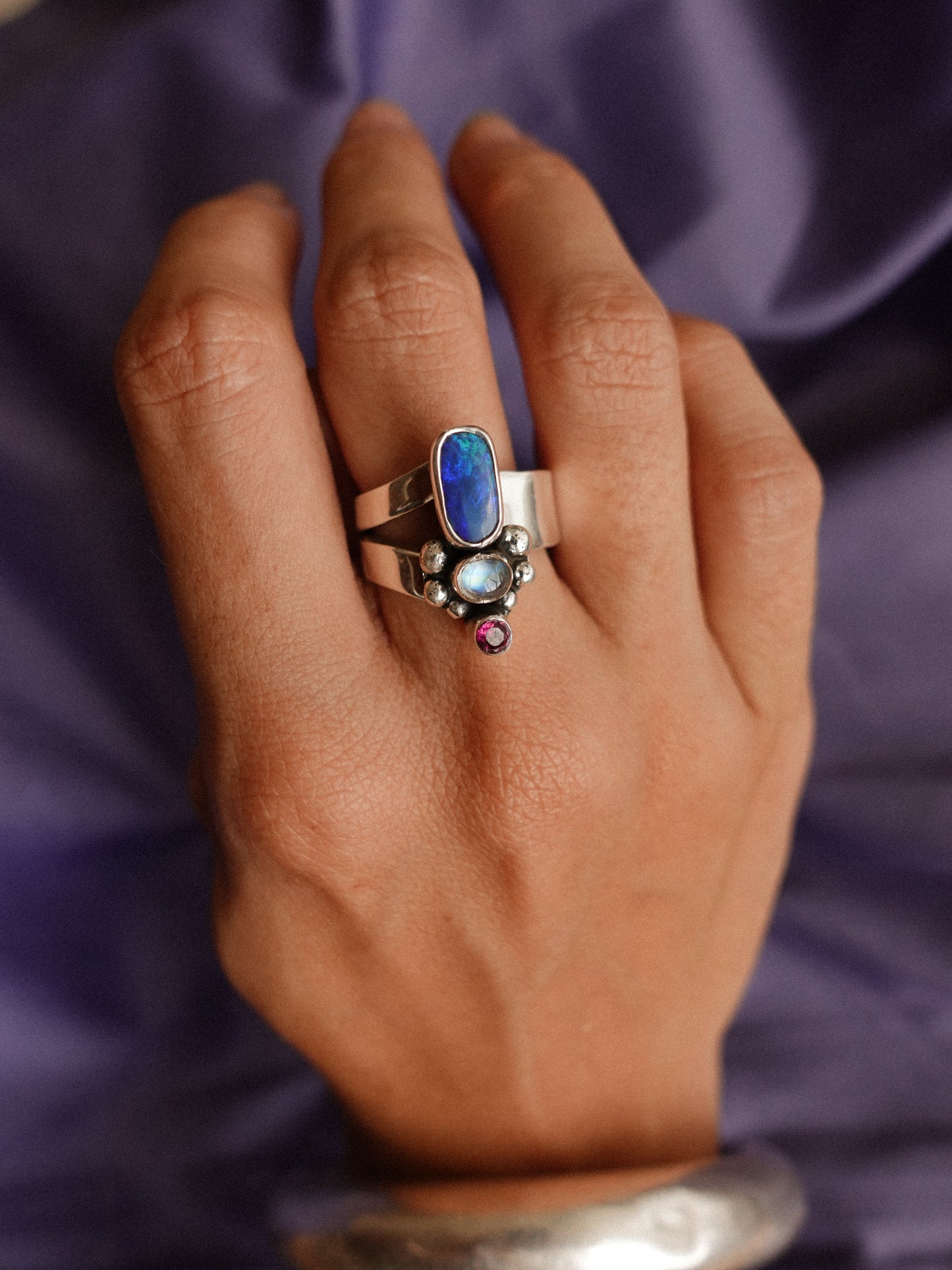 N78-  Australian Opal, Rainbow Moonstone, faceted Turmaline  Silver 925 Adjustable Ring