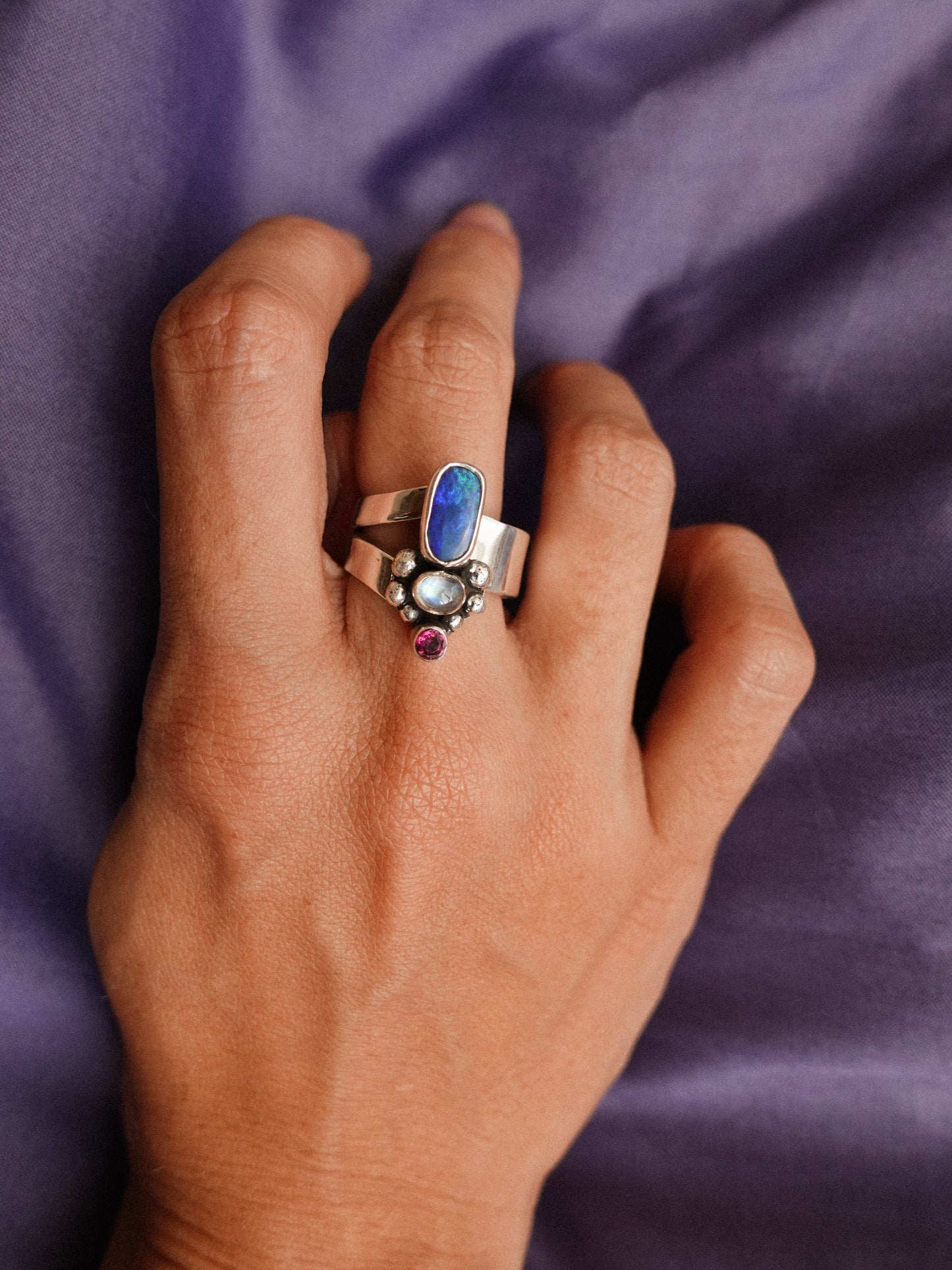 N78-  Australian Opal, Rainbow Moonstone, faceted Turmaline  Silver 925 Adjustable Ring