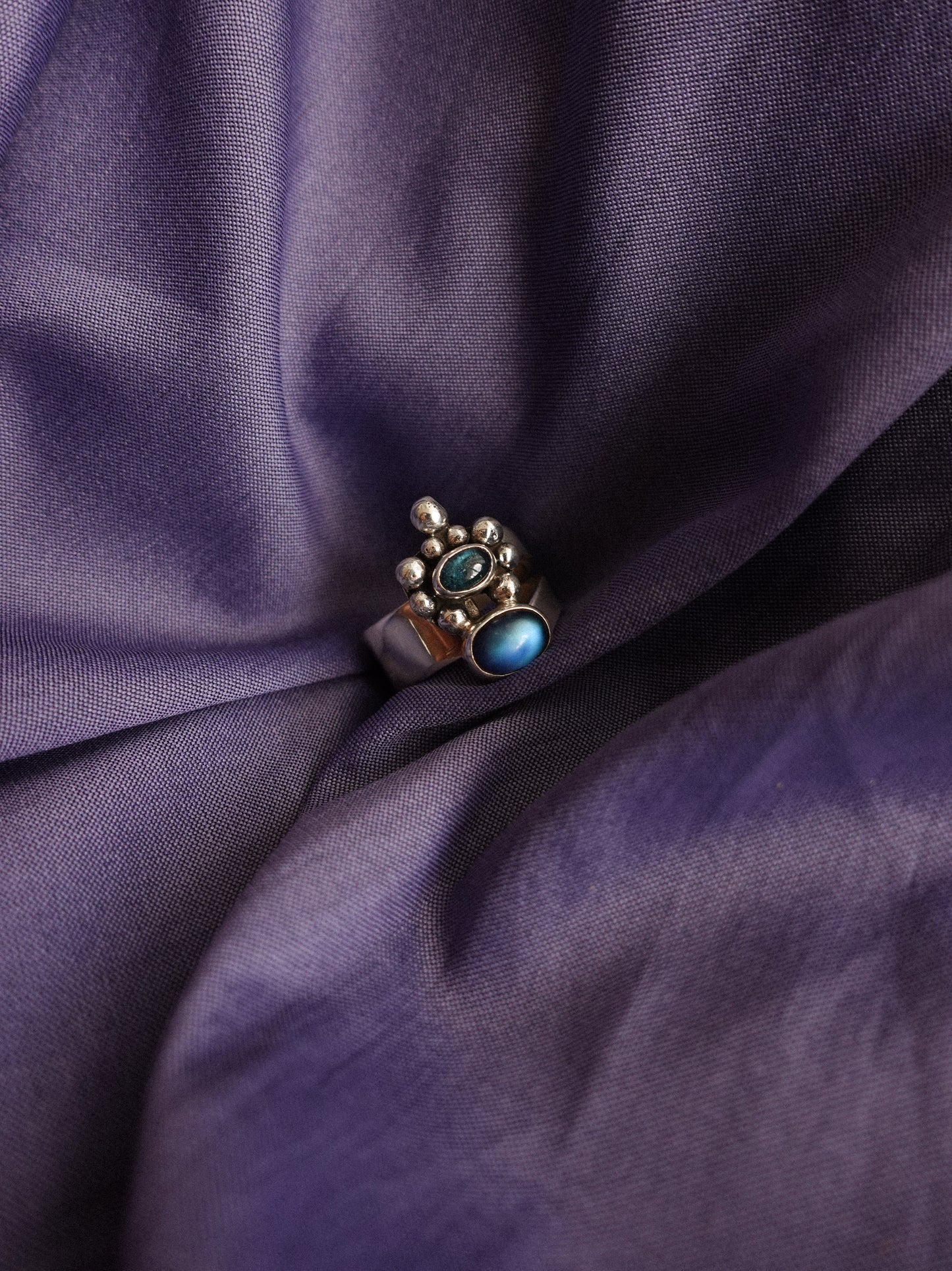 N71-  Moonstone & tormalina  Silver 925 Adjustable Ring