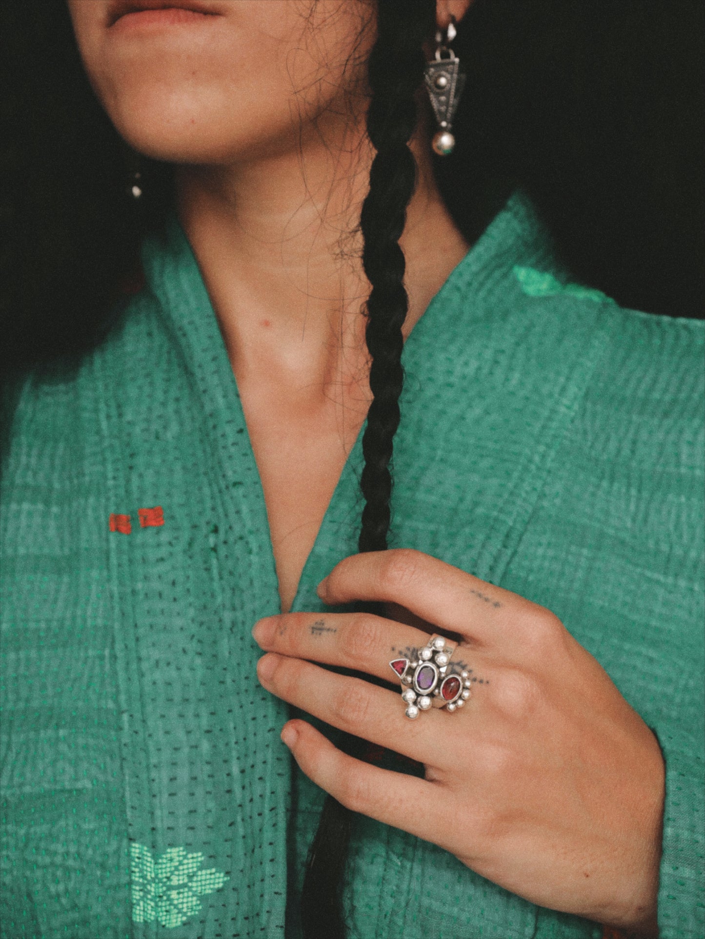 N73-  Amethyst & turmaline  Silver 925 Adjustable Ring