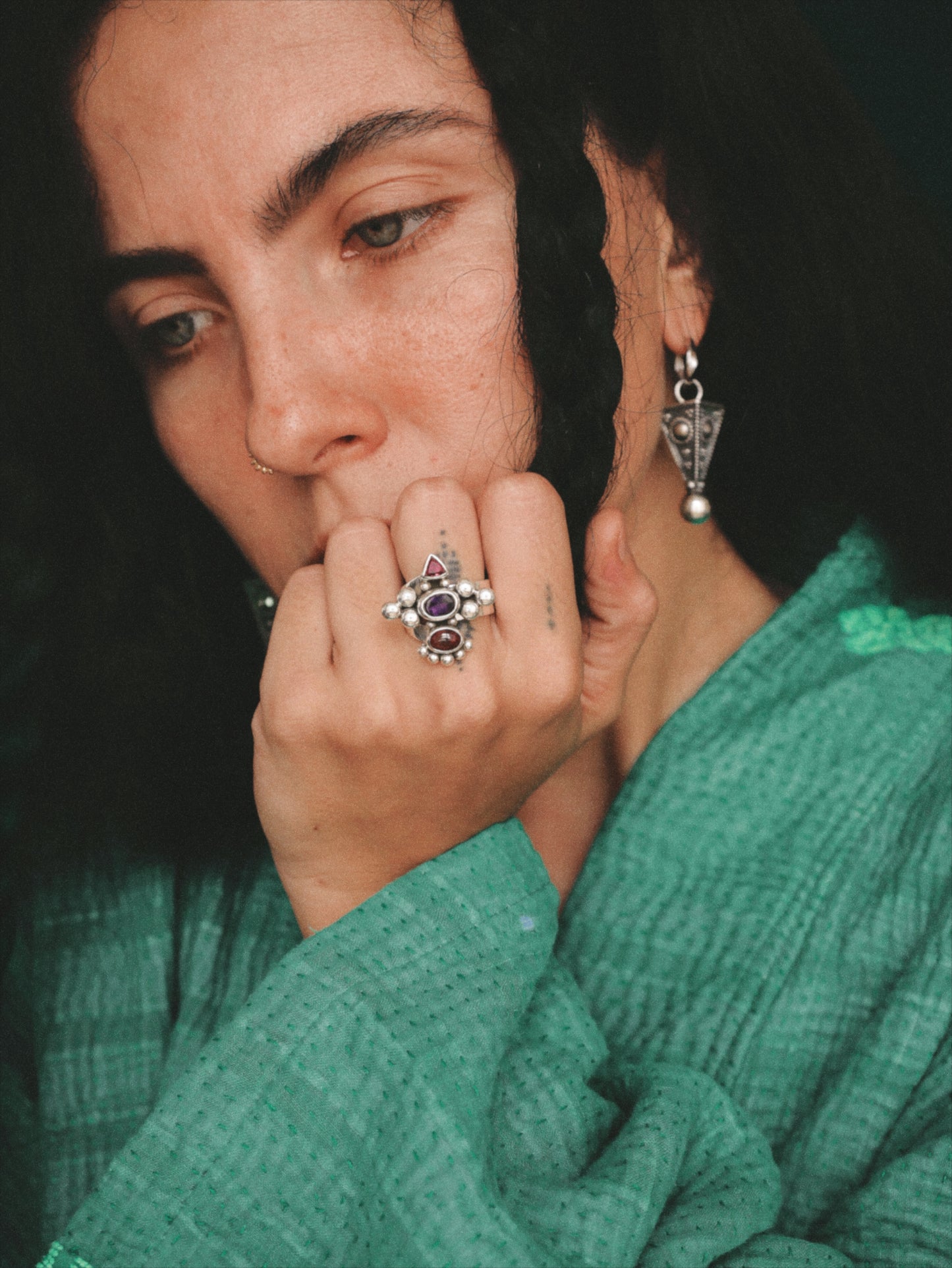 N73-  Amethyst & turmaline  Silver 925 Adjustable Ring