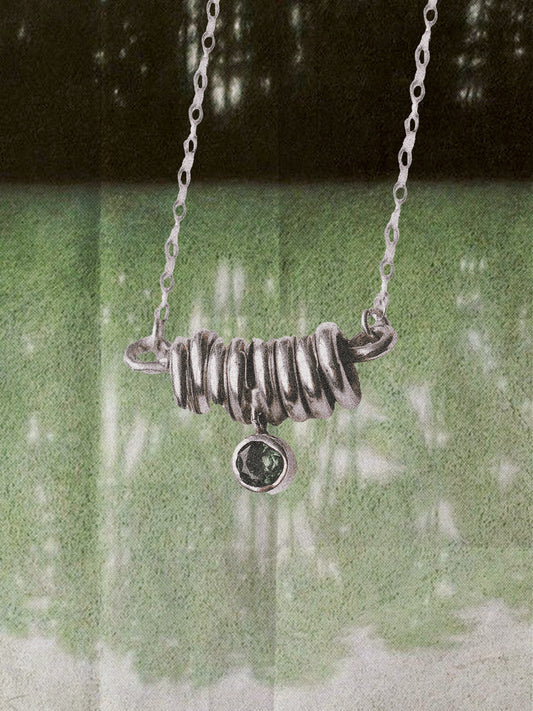 N84- Solid Silver Rings Necklace with green Turmaline