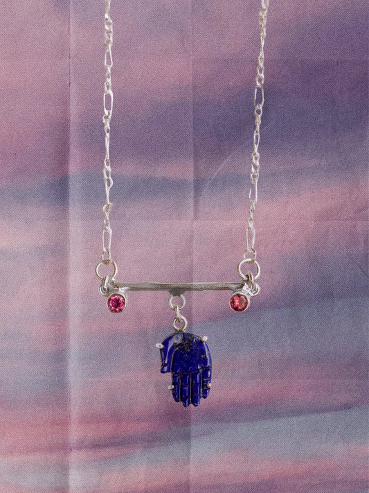 N86- Protection Lapis lazuli Hand with duo of  Tourmalines