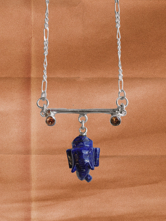 N89- Lord Ganesh icon Lapis-Lazuli, Wisdom, Protection, and good fortune, with Orange garnet