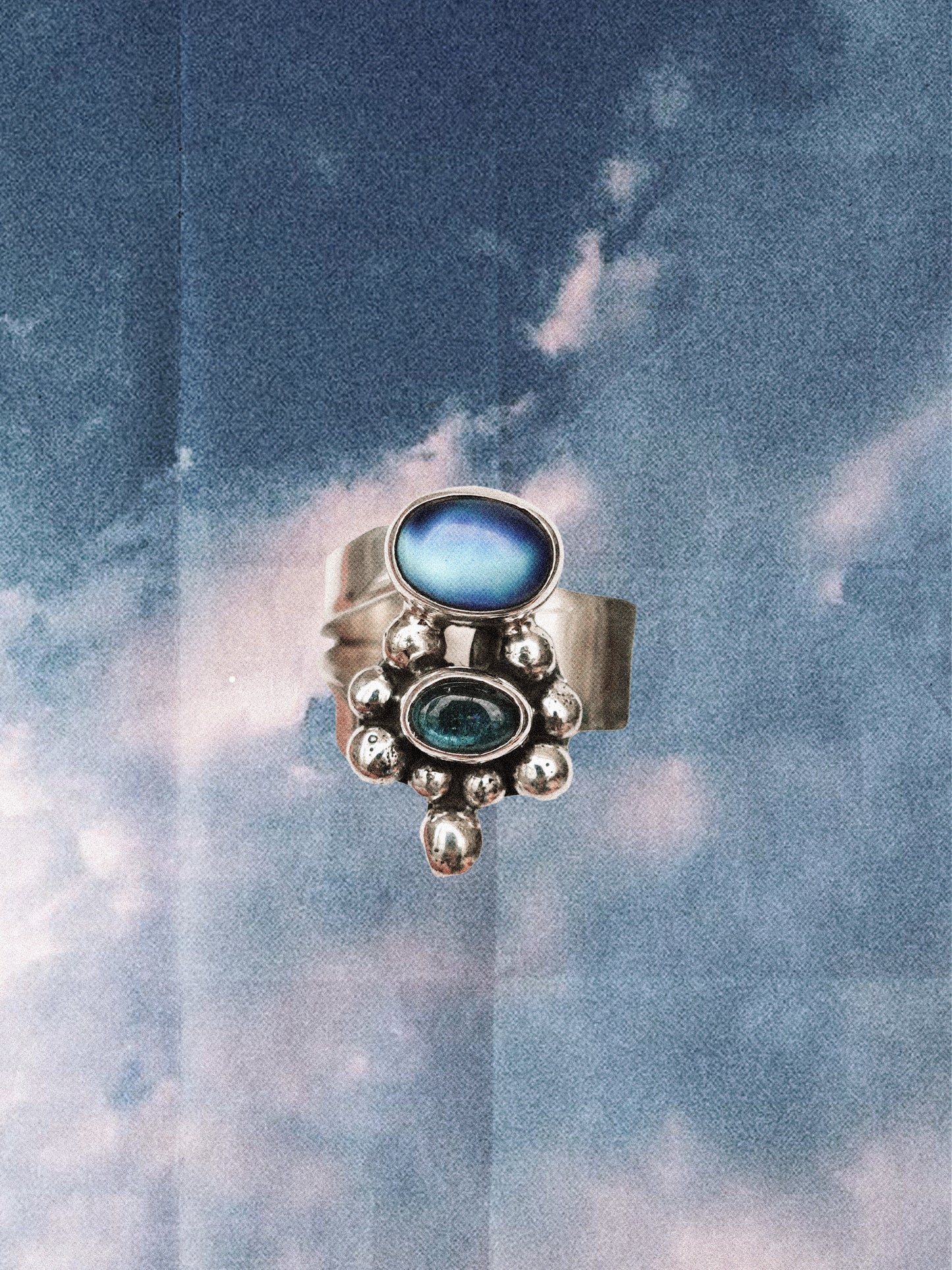 N71-  Moonstone & tormalina  Silver 925 Adjustable Ring