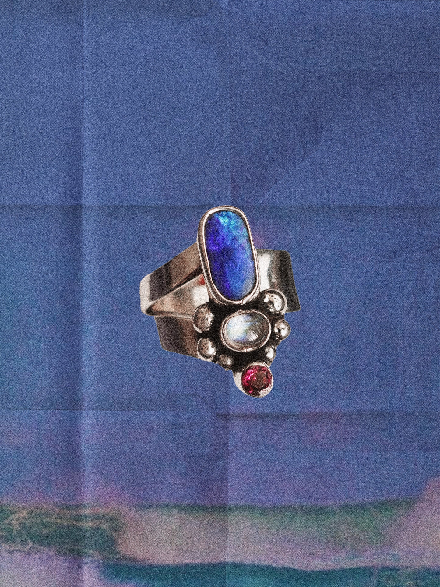 N78-  Australian Opal, Rainbow Moonstone, faceted Turmaline  Silver 925 Adjustable Ring