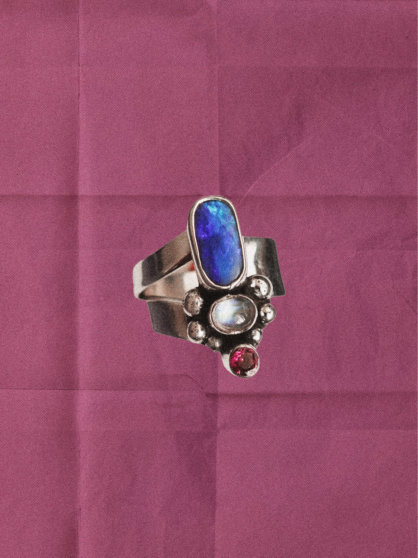 N78-  Australian Opal, Rainbow Moonstone, faceted Turmaline  Silver 925 Adjustable Ring