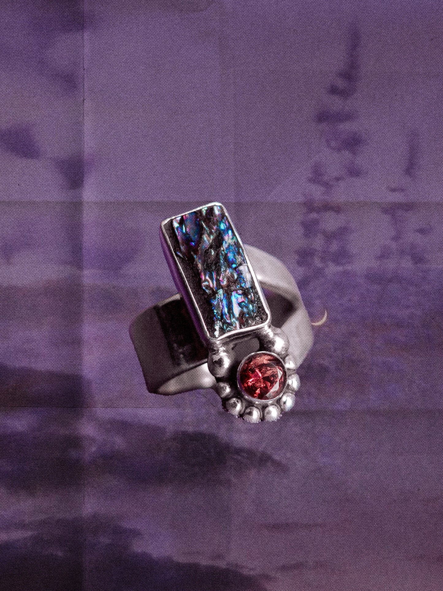 N70-  Abalone & turmaline  Silver 925 Adjustable Ring