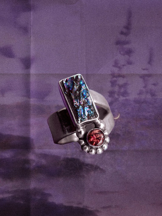 N70-  Abalone & turmaline  Silver 925 Adjustable Ring