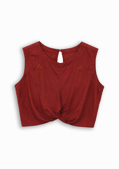 W2 – Knot Crop Top | Rayon Tie-Front Blouse with Hand Embroidery