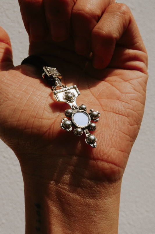 N212 - Berber-Inspired Cross Pendant  925 Silver with Central Mirror