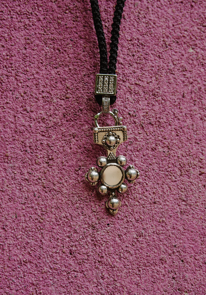 N212 - Berber-Inspired Cross Pendant  925 Silver with Central Mirror