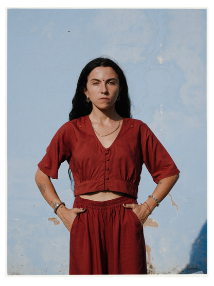 W1 – Choli Crop Top | Rayon Blouse with Hand-Embroidered Details and Covered Buttons
