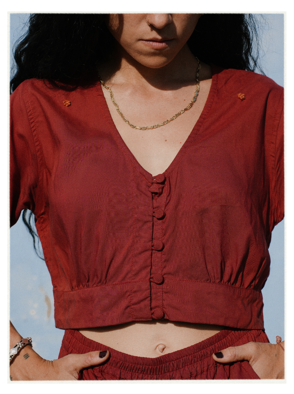 W1 – Choli Crop Top | Rayon Blouse with Hand-Embroidered Details and Covered Buttons