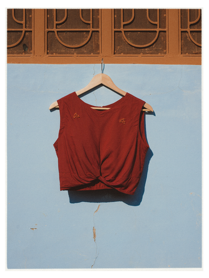 W2 – Knot Crop Top | Rayon Tie-Front Blouse with Hand Embroidery