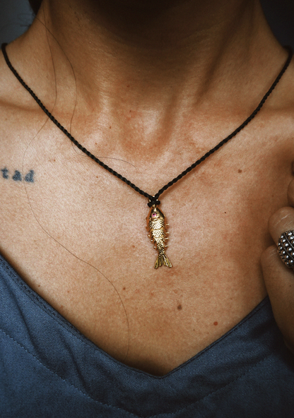 N222 – Big Matsya Fish Pendant Necklace in Vintage Gold Tone PREORDER