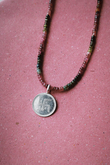 N246 – Durga Coin Tourmaline Handmade 925 Silver Choker