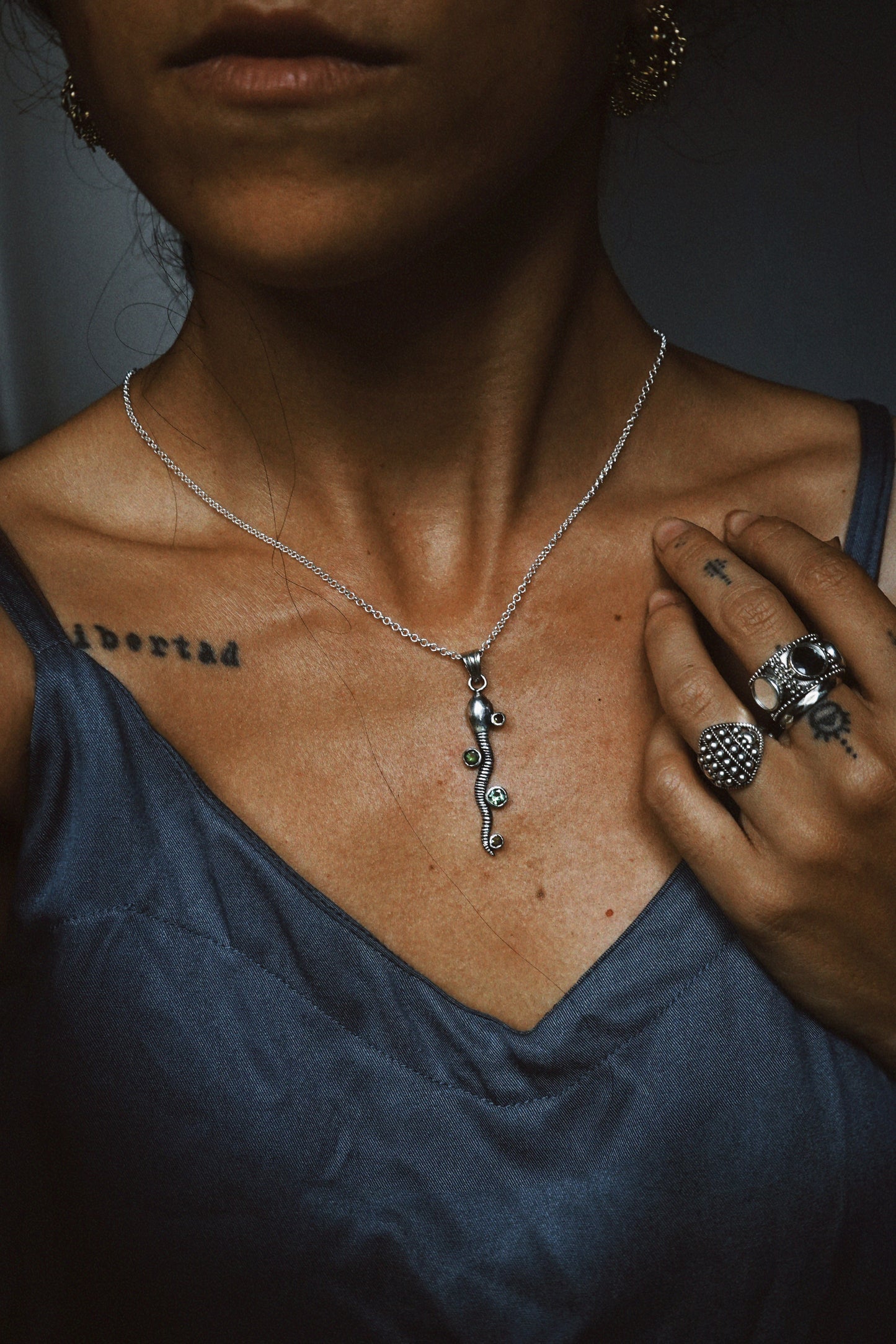 N218-Handcrafted Snake Necklace with Green Tourmalines in 925 Silver PREORDER