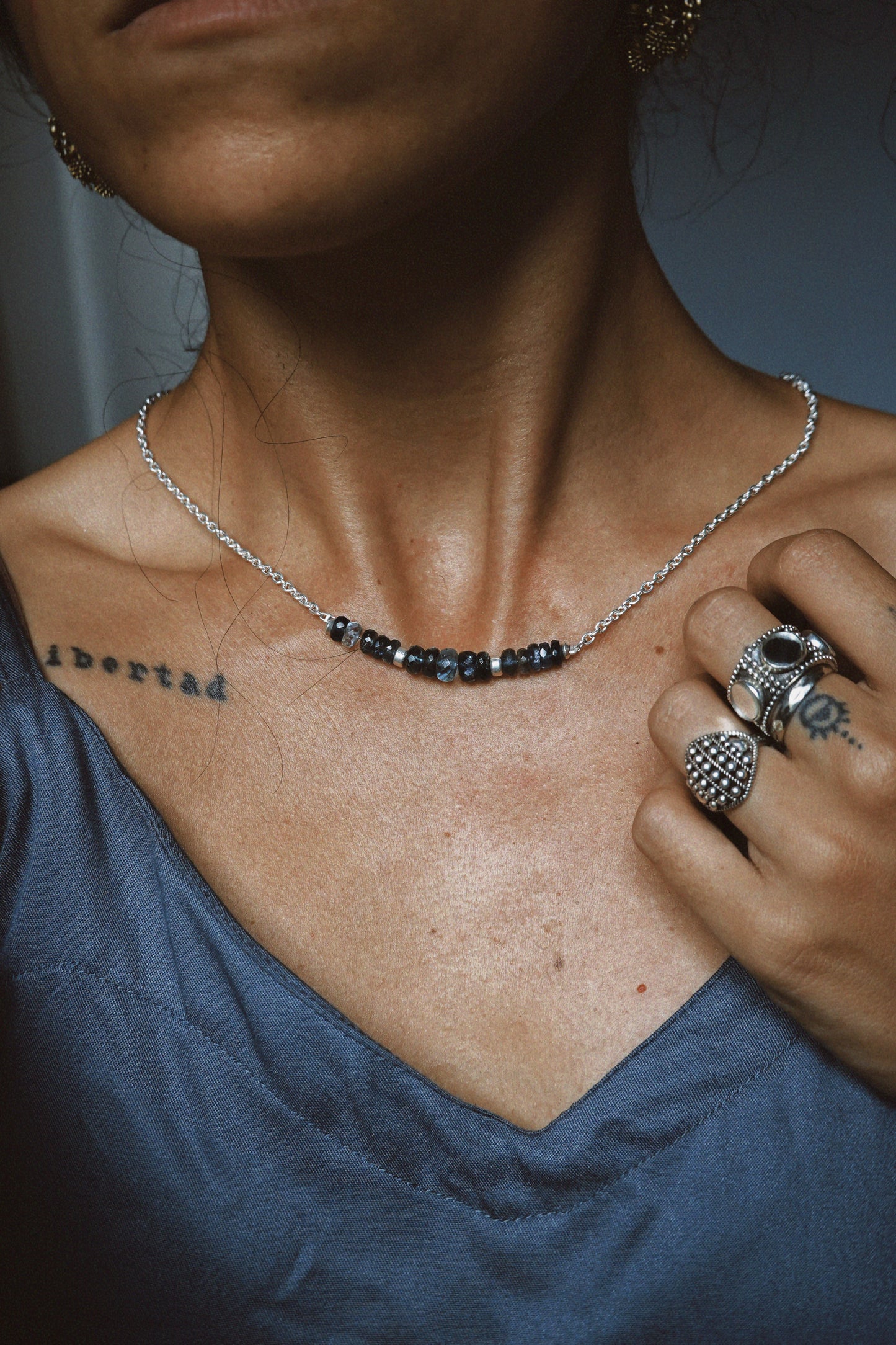 N216-Apatite & Aquamarine Beaded Choker Necklace in 925 Silver PREORDER