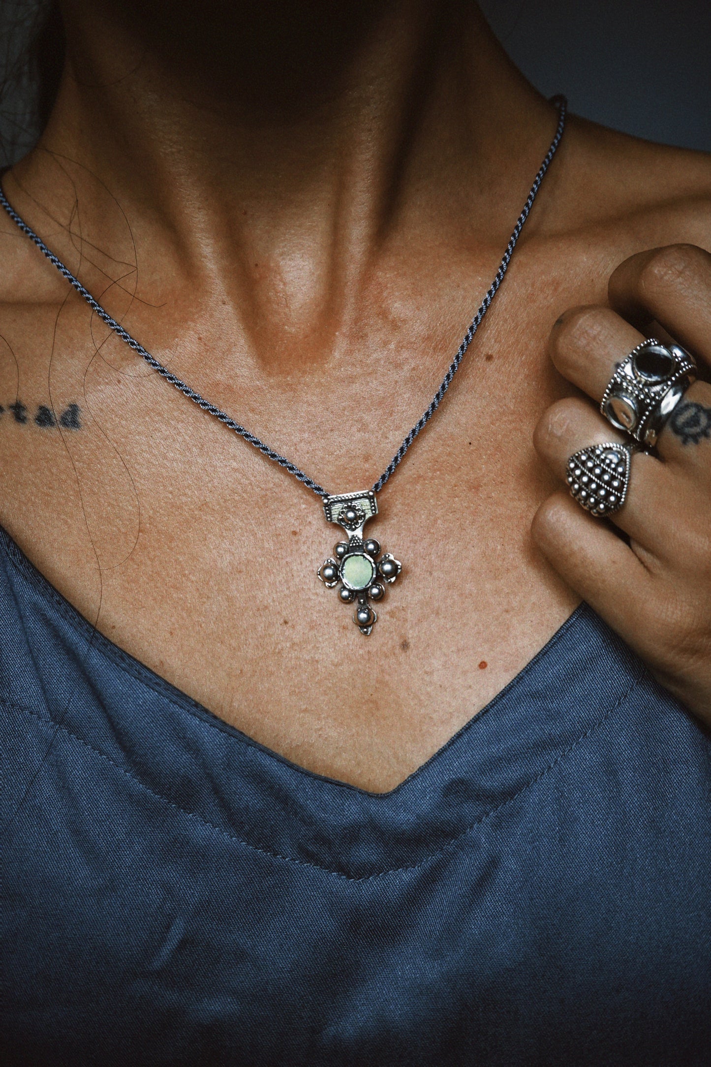 N212 - Berber-Inspired Cross Pendant  925 Silver with Central Mirror