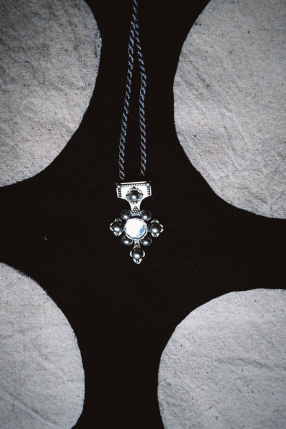 N212 - Berber-Inspired Cross Pendant  925 Silver with Central Mirror