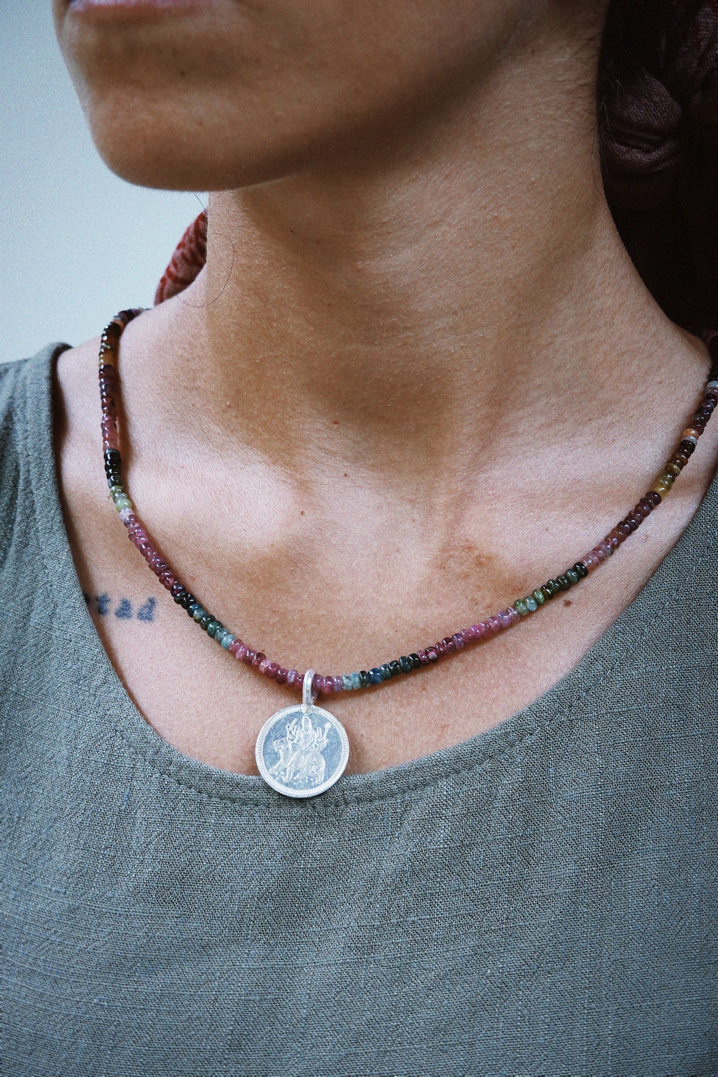 N246 – Durga Coin Tourmaline Handmade 925 Silver Choker