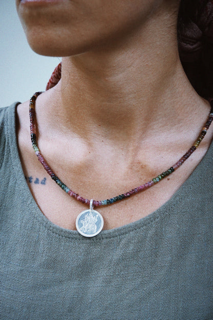 N246 – Durga Coin Tourmaline Handmade 925 Silver Choker