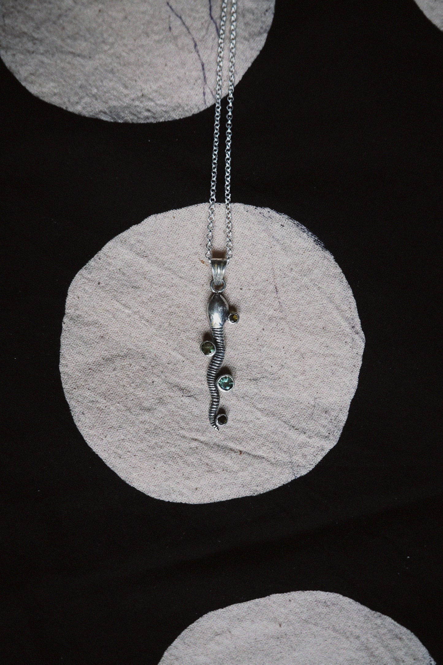 N218-Handcrafted Snake Necklace with Green Tourmalines in 925 Silver PREORDER
