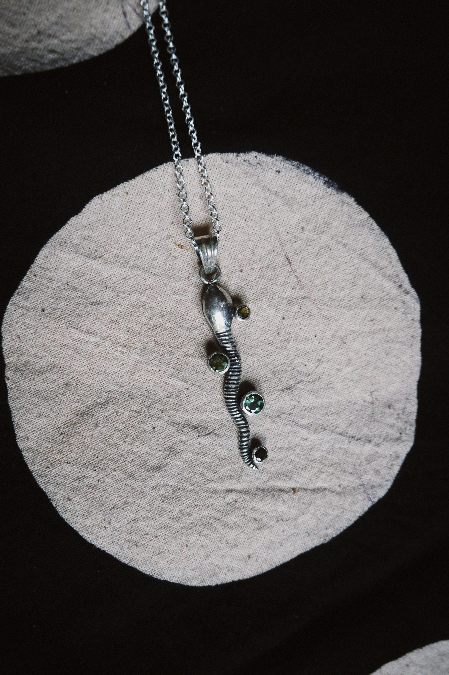 N218-Handcrafted Snake Necklace with Green Tourmalines in 925 Silver PREORDER