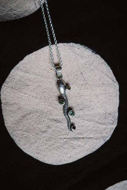 N218-Handcrafted Snake Necklace with Green Tourmalines in 925 Silver PREORDER