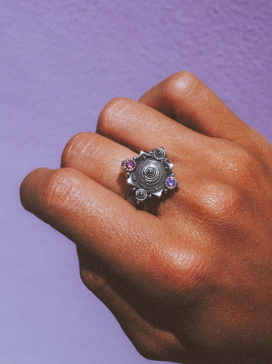 N30- Pagoda Ring with Amethyst and Tourmaline