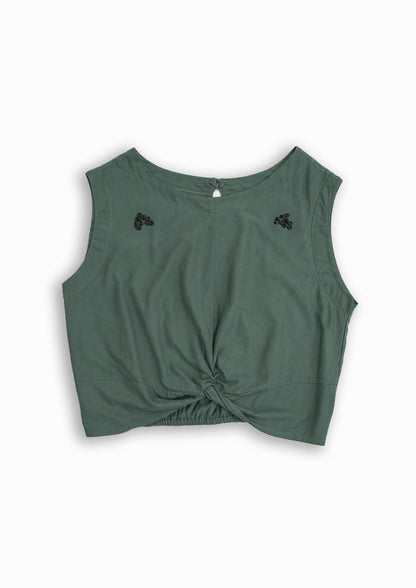 W2 – Knot Crop Top | Rayon Tie-Front Blouse with Hand Embroidery