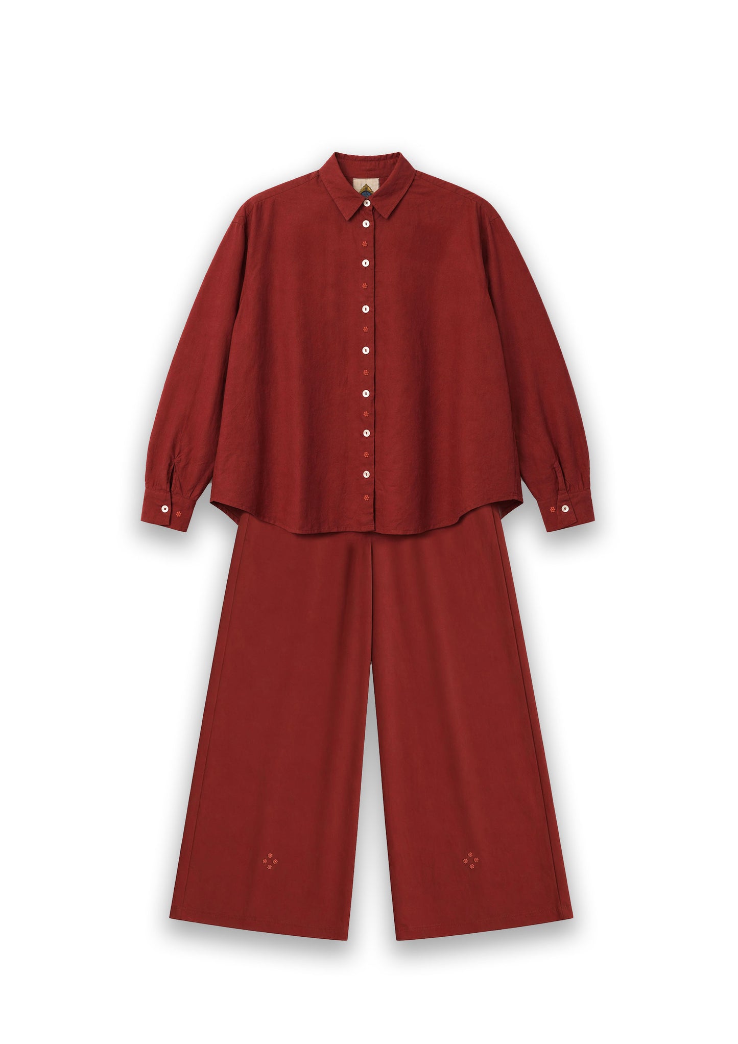 W7 – Long Sleeve Shirt & Palazzo Set | Rayon Wide-Leg Pants Handmade Embroidery