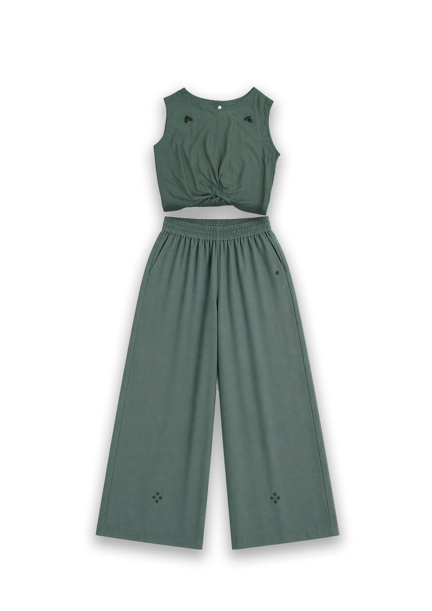 W8 – Knot Top & Palazzo Set | Rayon Tie-Front and Wide-Leg Pants Hand Embroidery