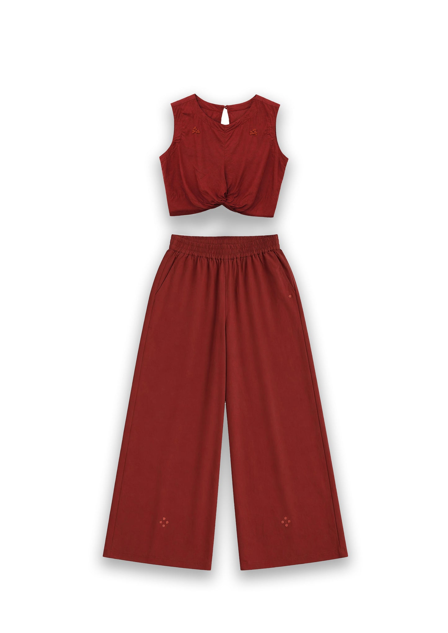 W8 – Knot Top & Palazzo Set | Rayon Tie-Front and Wide-Leg Pants Hand Embroidery