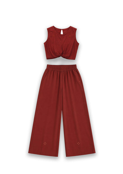 W8 – Knot Top & Palazzo Set | Rayon Tie-Front and Wide-Leg Pants Hand Embroidery